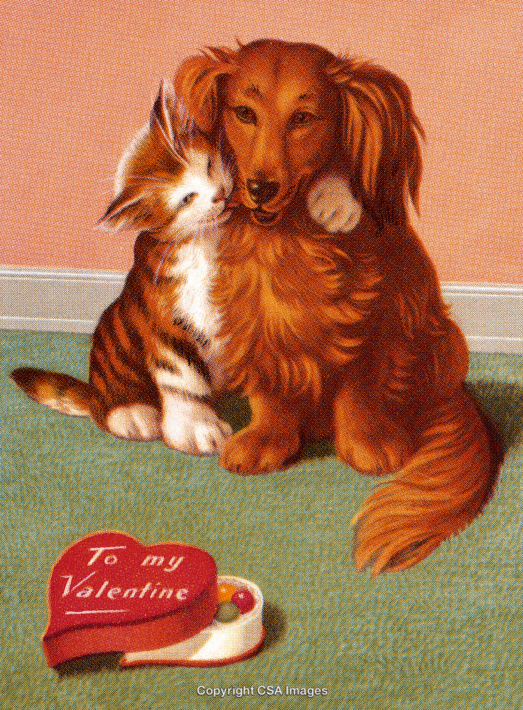Heartwarming Illustration of a Dog and Cat Celebrating Valentine's Day Together