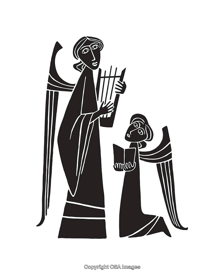 Black and White Line Art of Two Angelic Figures with Musical Themes