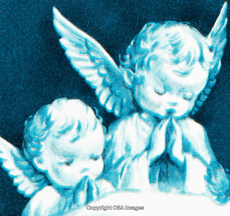 Vintage Illustration of Angelic Figures in Prayerful Devotion with Ethereal Wings