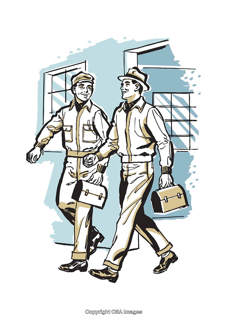 Two Workers Walking with Briefcases in a Vintage Color Illustration