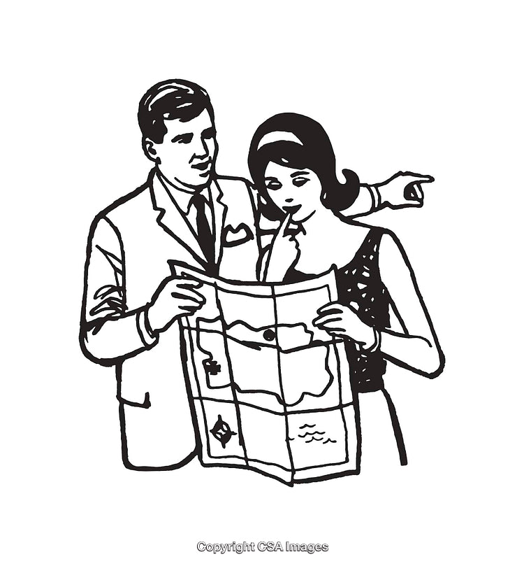 Retro Couple Planning a Journey With a Map in Line Art Style