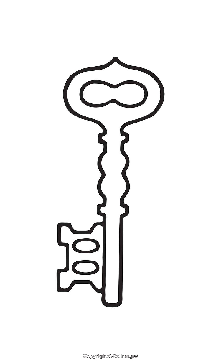 Black and White Line Art Illustration of a Vintage Key Design