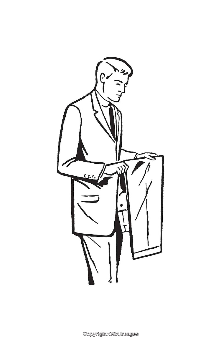 Black and White Line Art of a Man Holding Pants