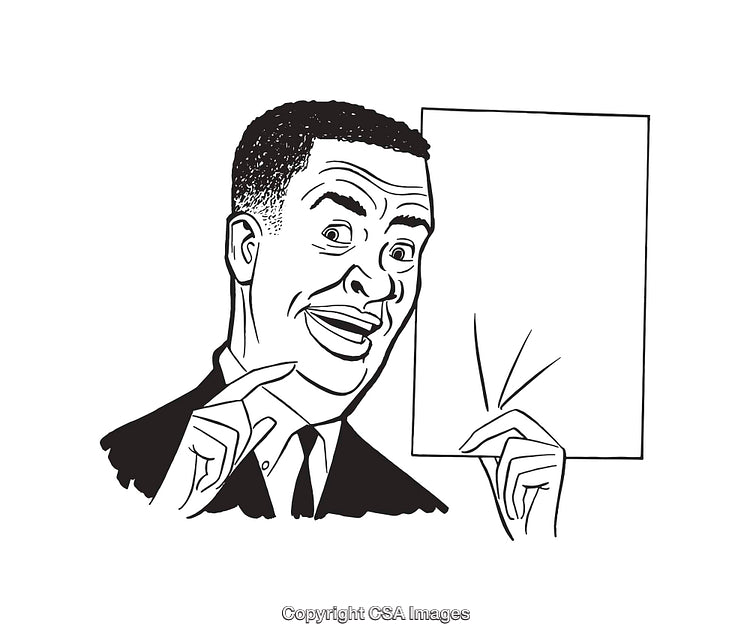 Retro Black and White Line Art of A Smiling Man Holding a Blank Poster