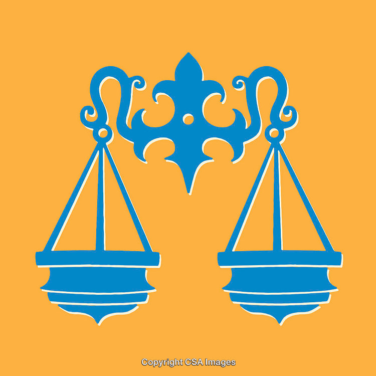 Blue Scales of Justice Illustration on a Vibrant Orange Background