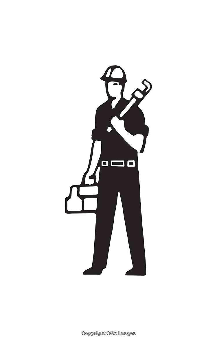 Black and White Icon of a Worker Holding Tools and Wearing a Hard Hat