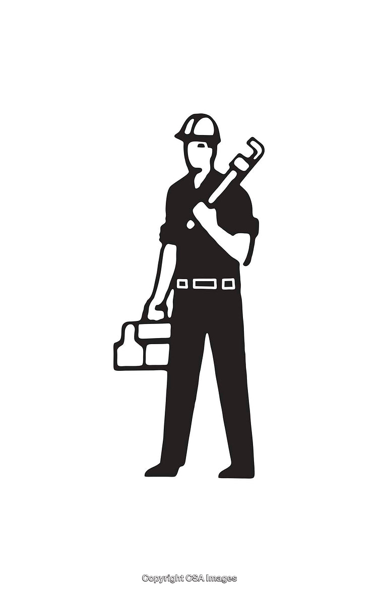 Black and White Icon of a Worker Holding Tools and Wearing a Hard Hat