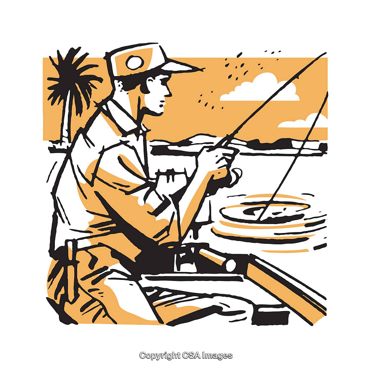 Colorful Illustration of a Man Fishing Beside a Scenic Lake View