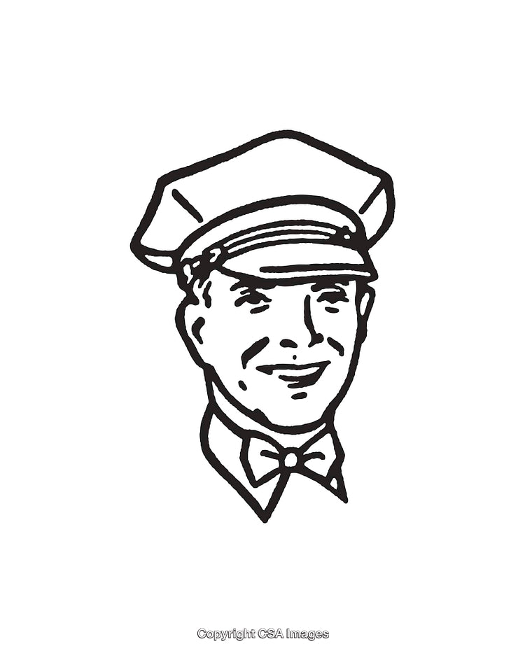 Vintage Line Art Illustration of a Smiling Uniformed Man Wearing a Cap and Bow Tie
