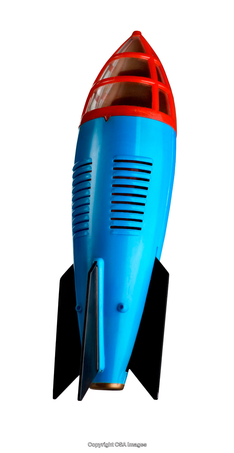 Colorful Vintage Plastic Toy Rocket with Retro Design Isolated on White Background
