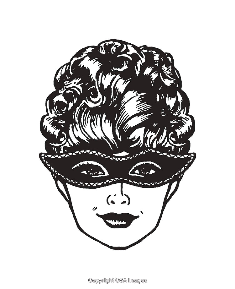 Vintage Line Art of a Masked Woman with Retro Hairstyle