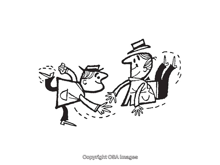 Playful Black And White Illustration of Two Cheerful Cartoon Characters Interacting