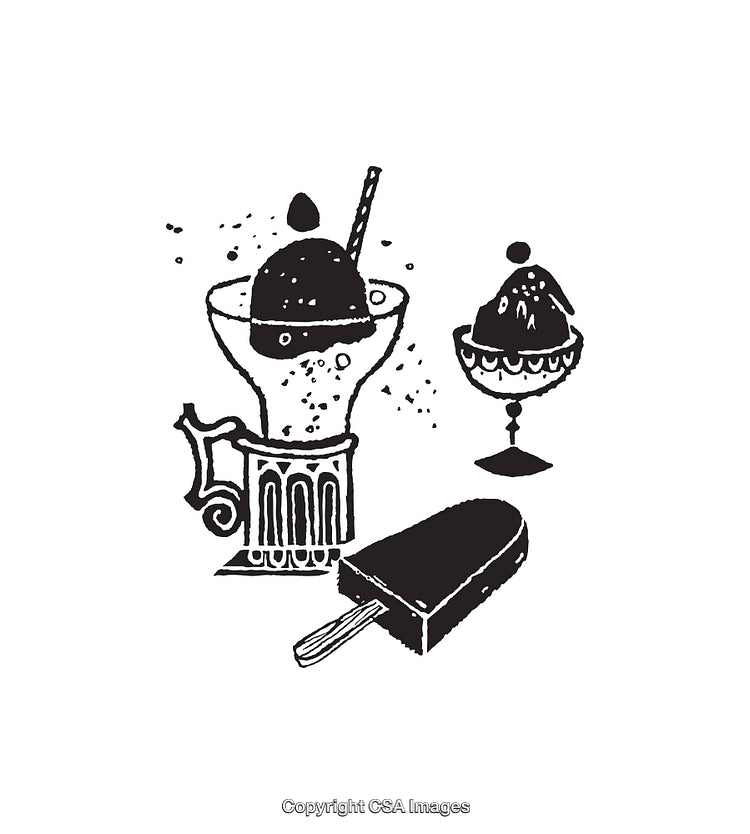 Black and White Illustration of Ice Cream Desserts and a Popsicle