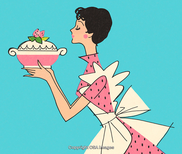 Retro Illustration of a Woman Presenting a Dessert Bowl with Strawberries