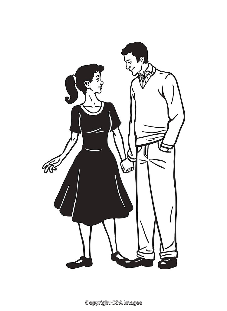 Retro Black and White Line Art of a Couple Holding Hands