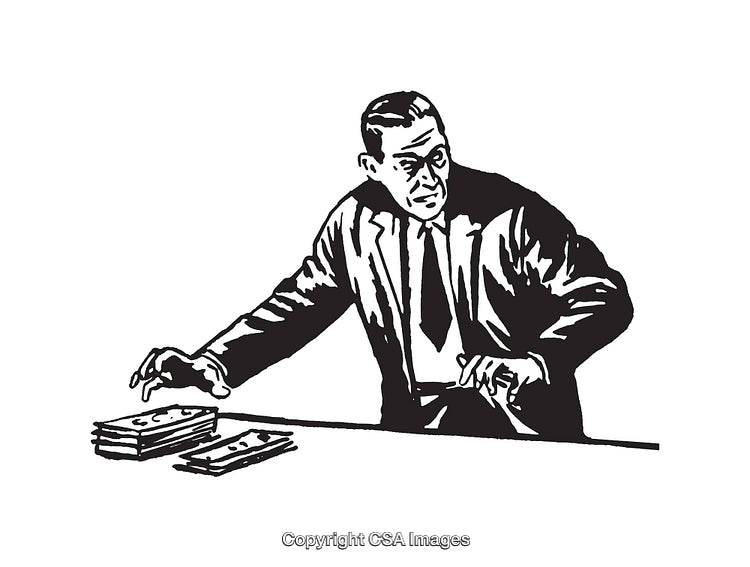 Vintage Black and White Illustration of Man Managing Money