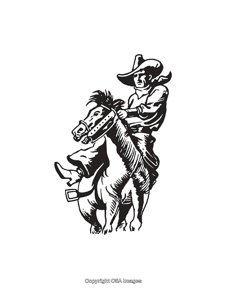 Black and White Line Art of a Cowboy Riding a Bucking Horse