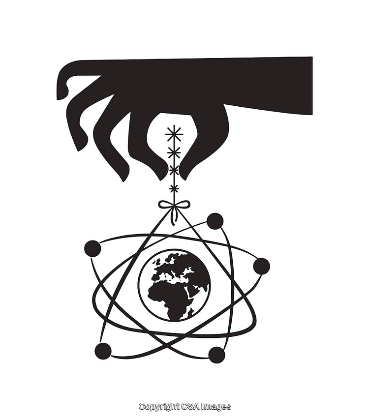 Hand Manipulating Earth With Atomic-Orbit Design in Black and White Art