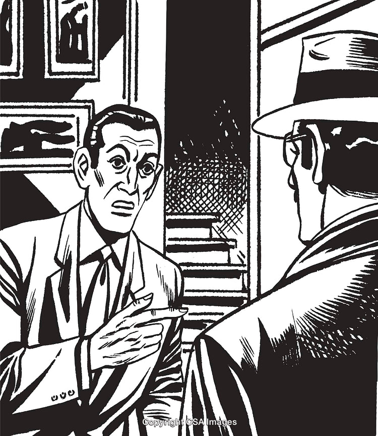 Black and White Comic Illustration of Two Men in Conversation