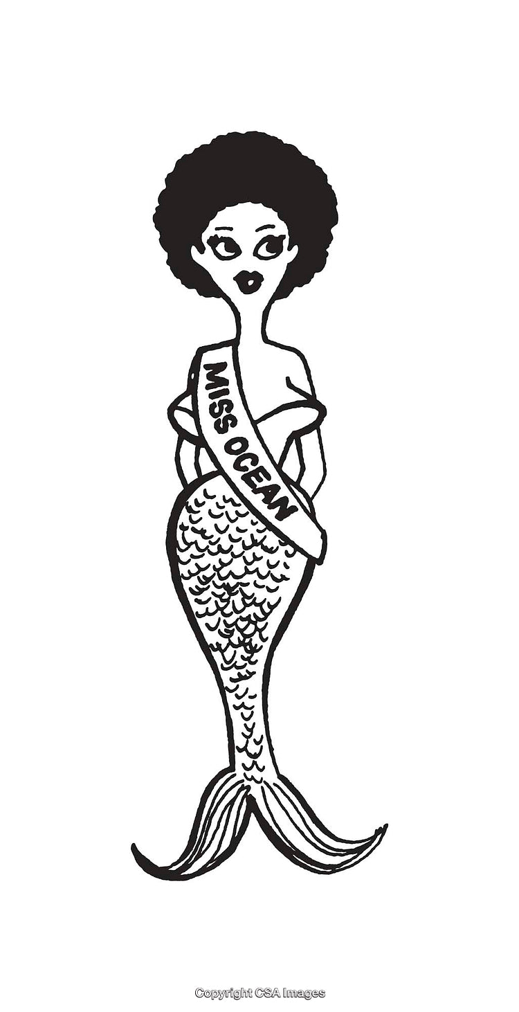 Whimsical Black And White Illustration of Mermaid With Miss Ocean Banner