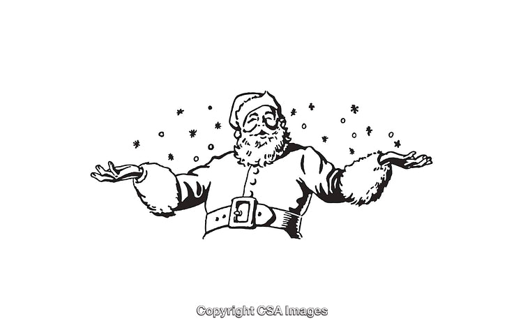 Santa Claus Illustration Surrounded by Snowflakes in Black and White Line Art