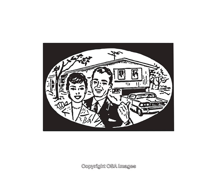 Retro Black and White Illustration of Happy Couple and Mid-Century House