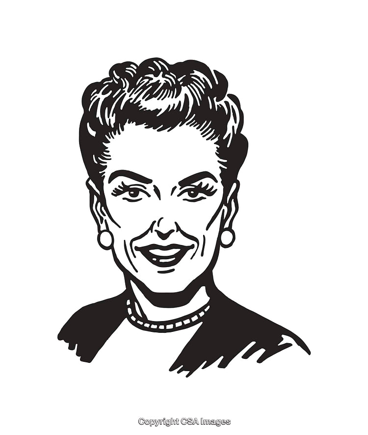 Retro Line Art Illustration of a Smiling Elegant Woman