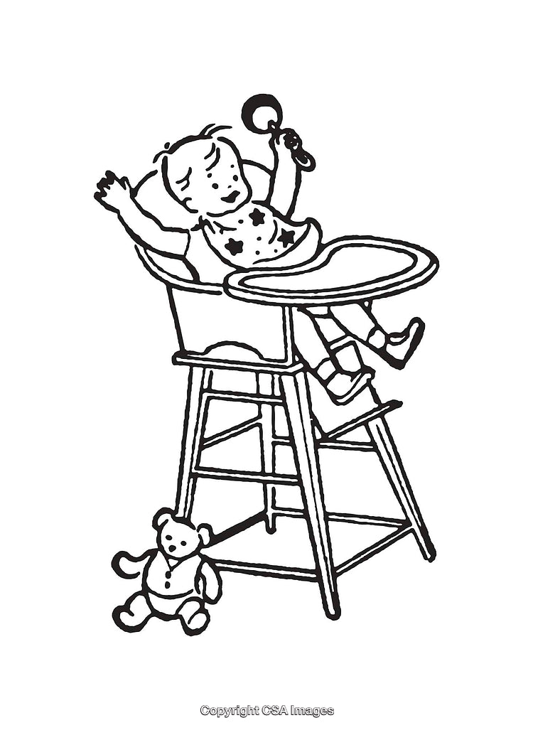 Black and White Line Art of Baby in High Chair with Toy