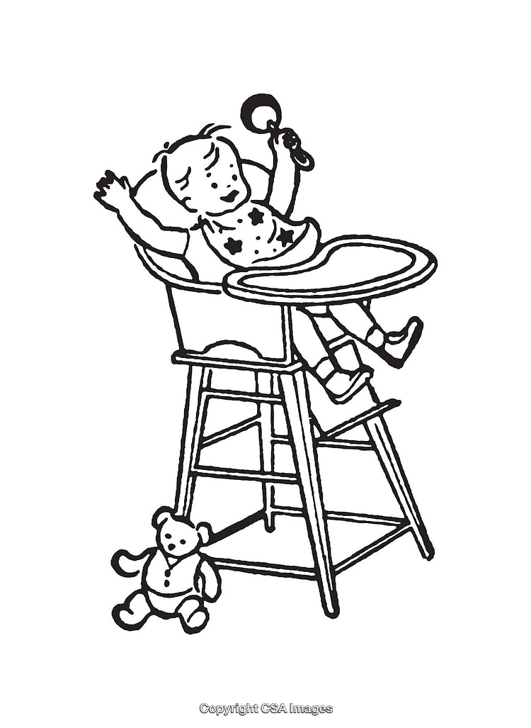 Black and White Line Art of Baby in High Chair with Toy
