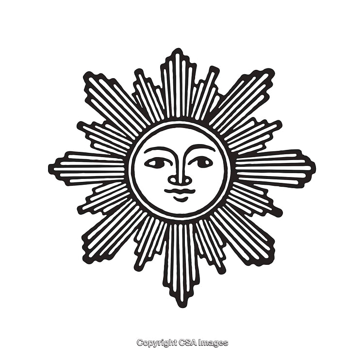 Detailed Black and White Line Art Illustration of a Radiant Sun Face
