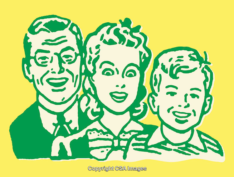 Retro Color Illustration of a Smiling Family in Vintage Style Art