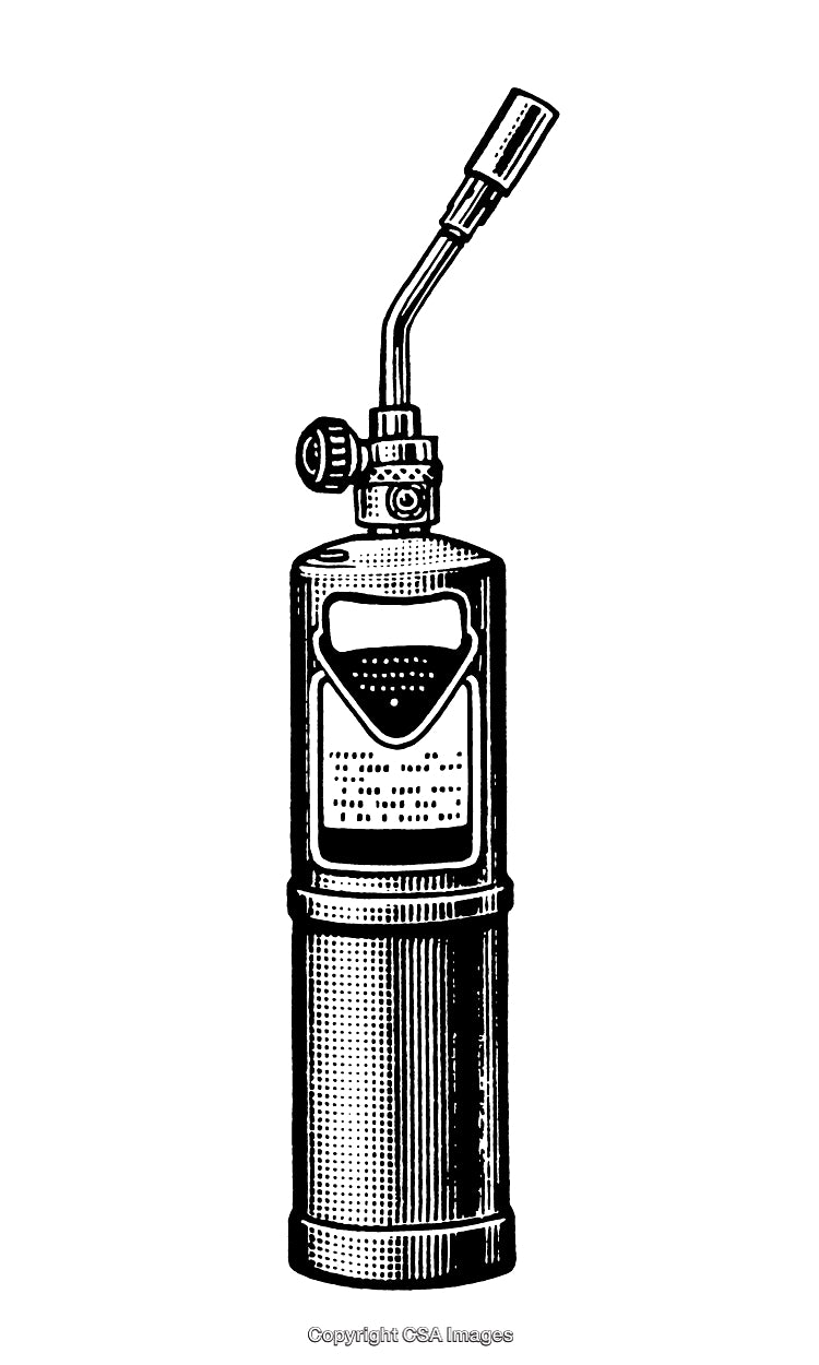 Engraved Black and White Illustration of a Blowtorch Utility Object