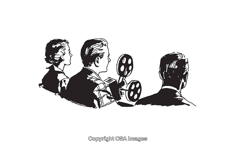 Black and White Line Art of People Watching a Film Projection
