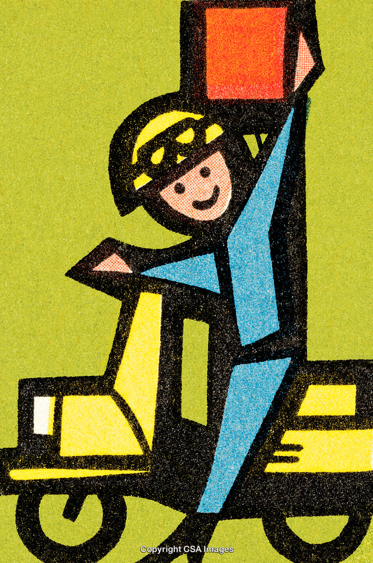 Colorful Illustration of a Courier on a Scooter Carrying a Package
