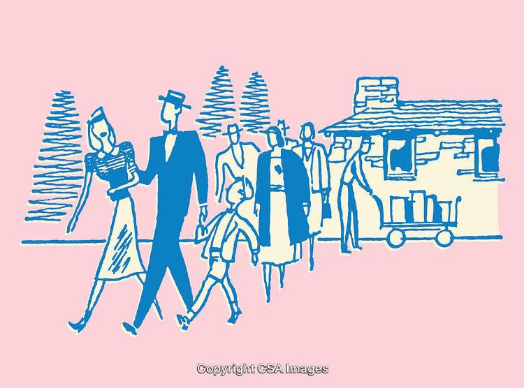 Color Line Art of People in Front of a Rustic Cabin Scene