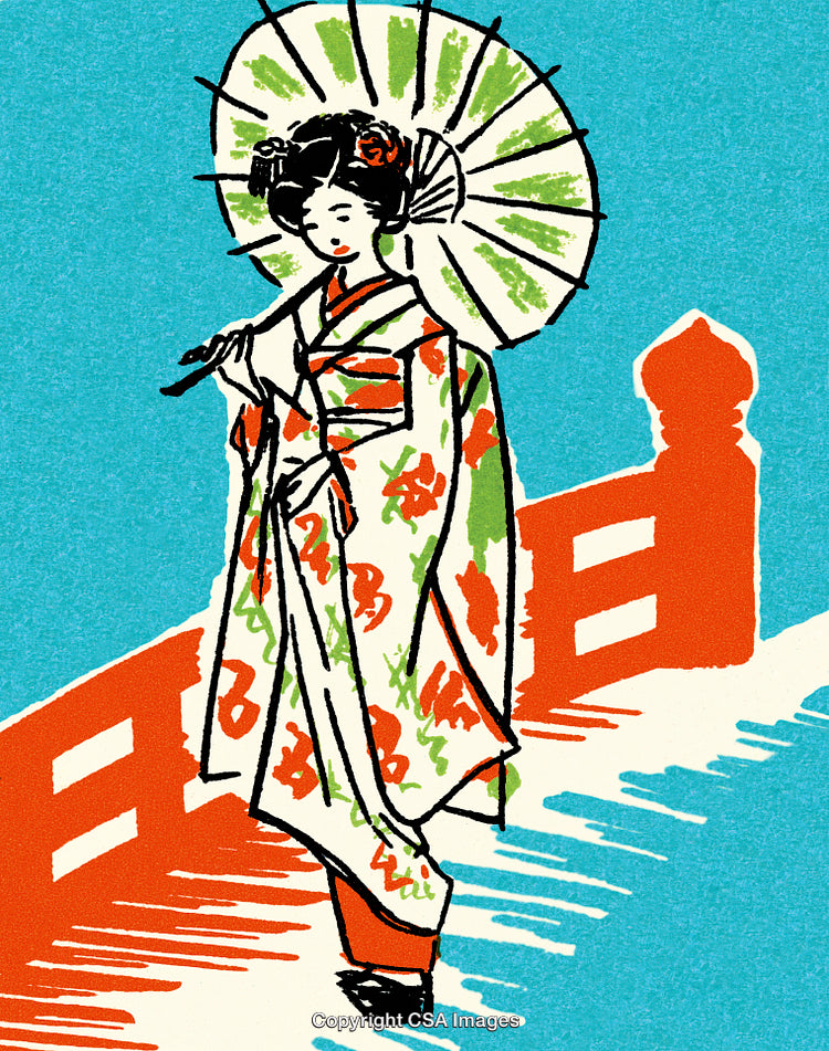 Traditional Japanese Illustration of Woman with Umbrella on Red Bridge