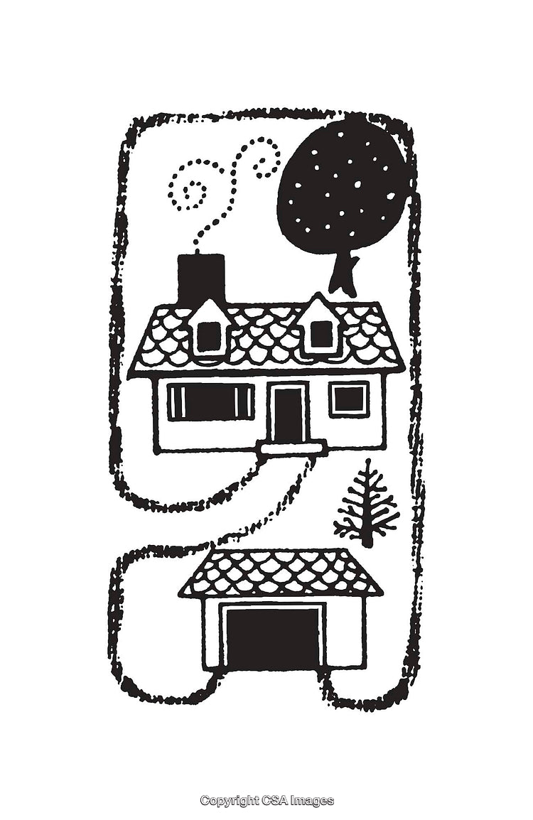 Charming Black and White Illustration of a House With Garage