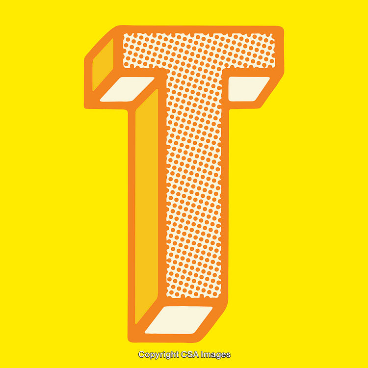 Stylized 3D Letter T with Dotted Textured Design on Bright Yellow Background
