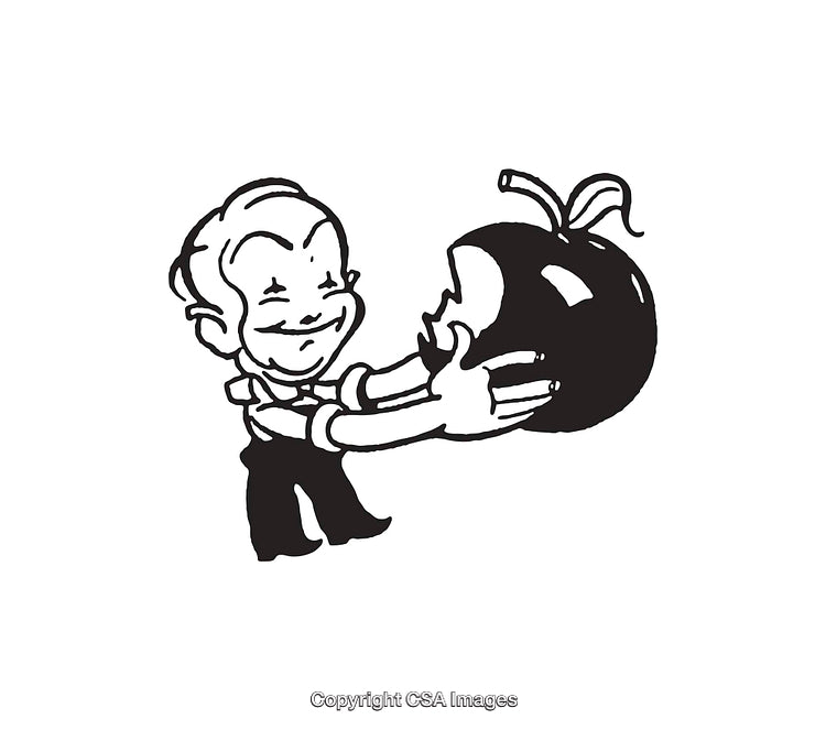 Child Joyfully Embracing an Apple in Black and White Line Art