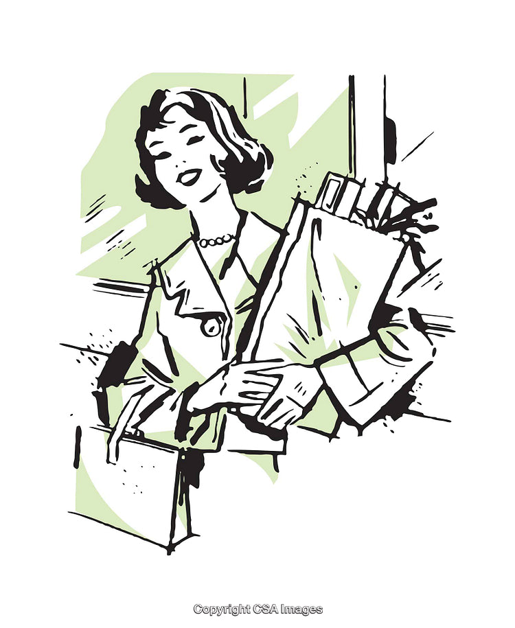 Vintage Illustrated Woman Holding Groceries in Black and White Artwork