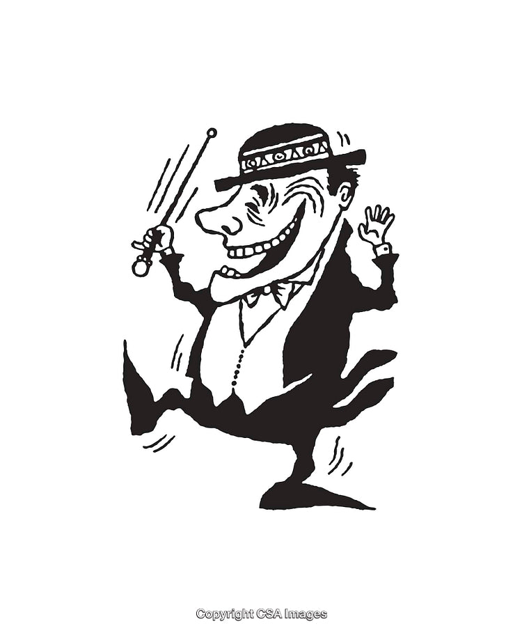 Playful Black and White Cartoon of a Dancing Man in a Hat