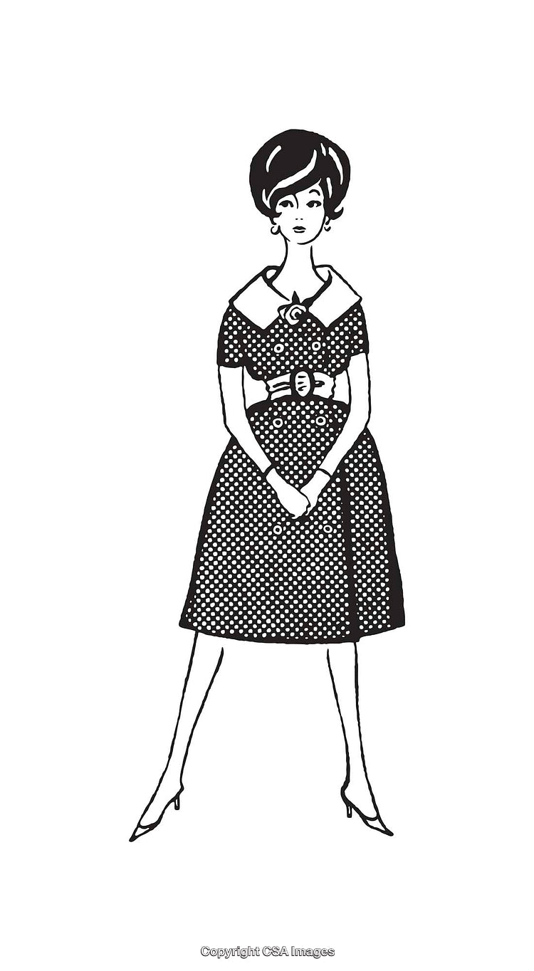 Retro Black and White Line Art of a Woman in Polka Dot Dress