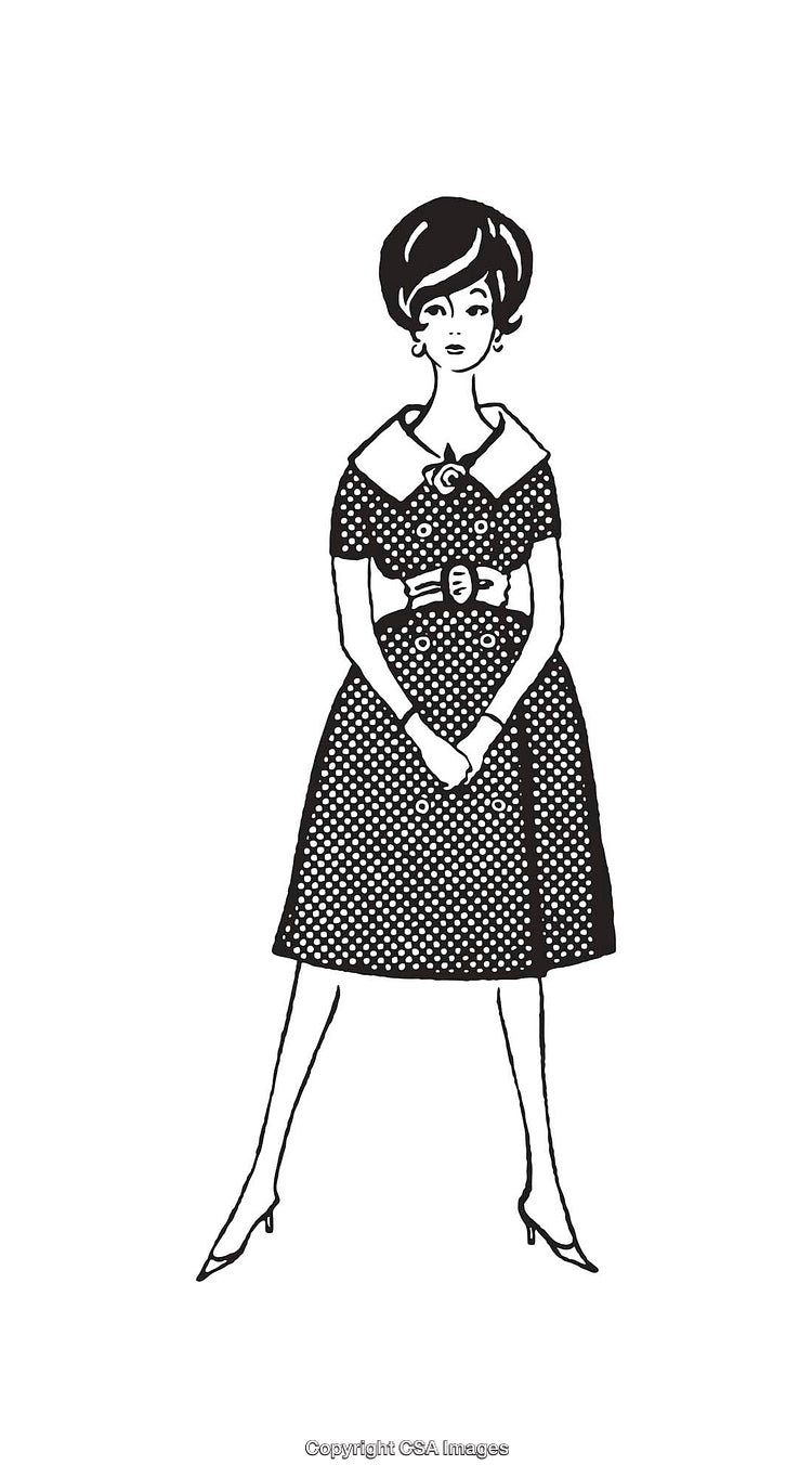 Retro Black and White Line Art of a Woman in Polka Dot Dress