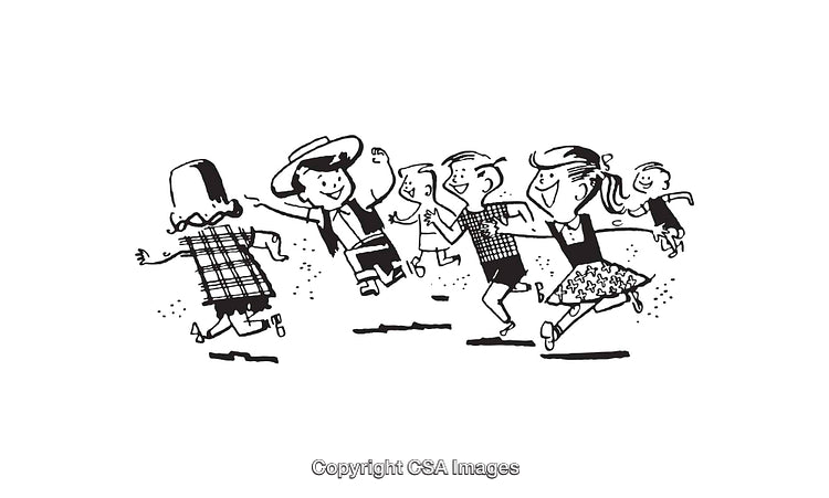 Group of Children Playing and Dancing in Black and White Line Art