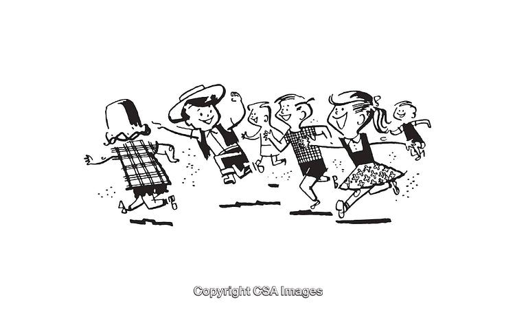 Group of Children Playing and Dancing in Black and White Line Art