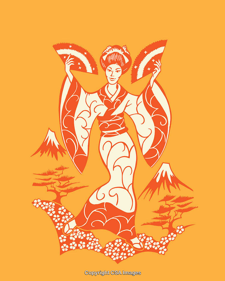 Traditional Japanese Dancer Illustration in Vibrant Color Line Art Style