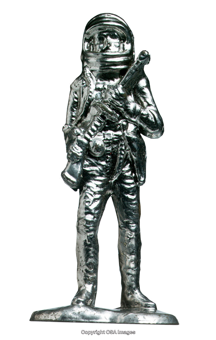 Vintage Metal Astronaut Toy Figure Holding a Weapon in Shiny Finish