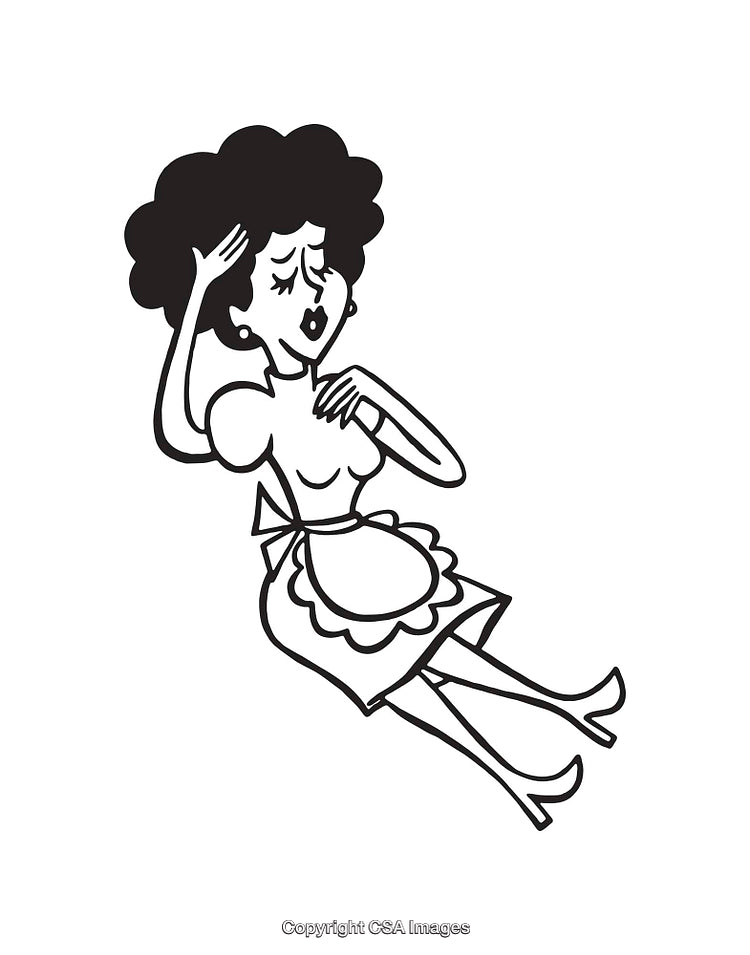 Retro Housewife Fainted in Exaggerated Cartoon Style Line Drawing