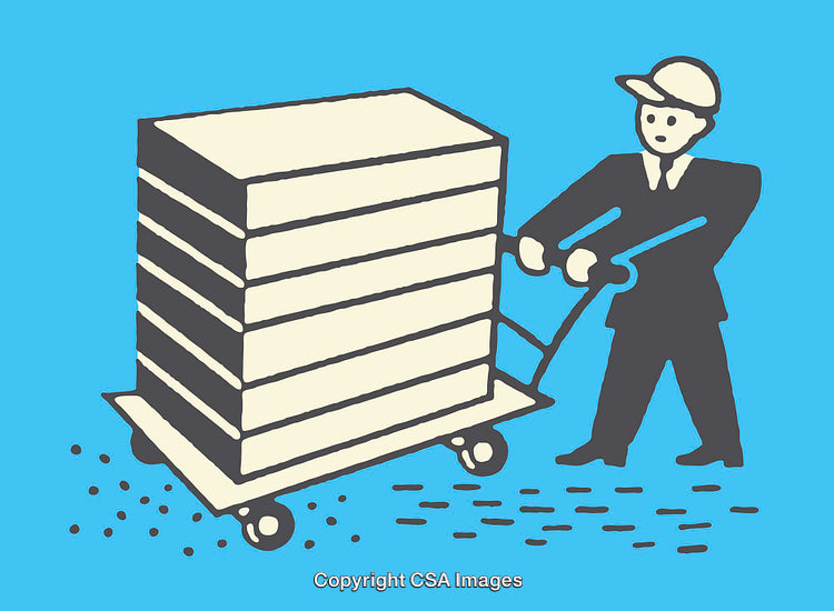 Illustration of Worker Handling Stacked Boxes on a Trolley