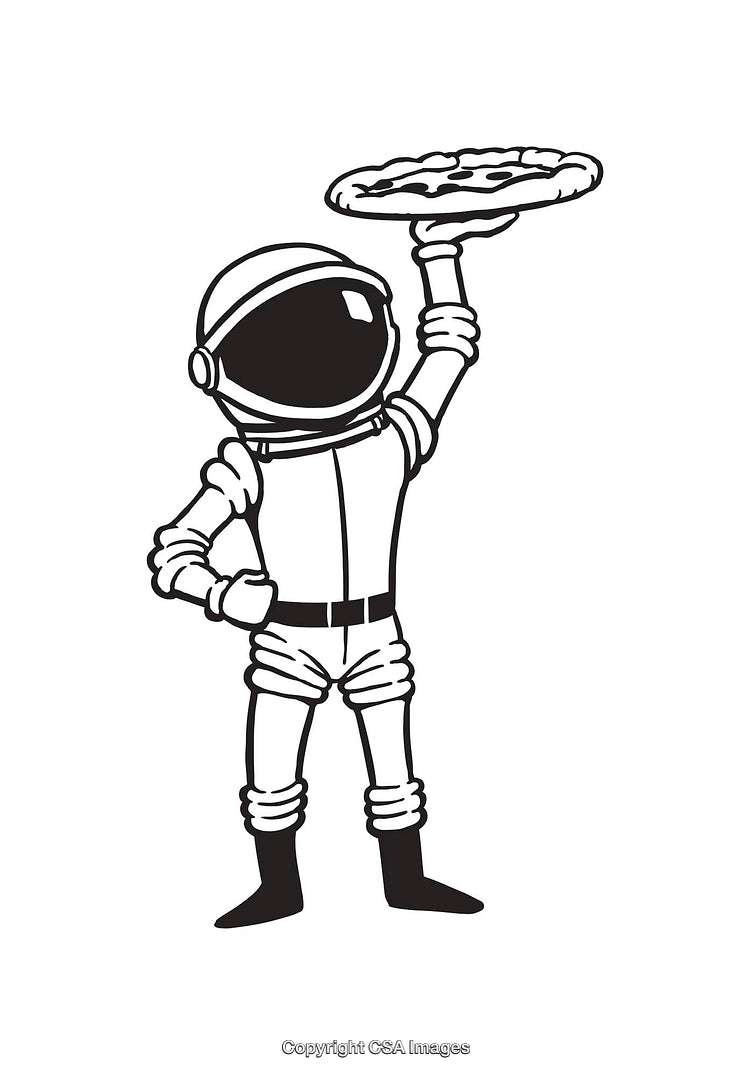 Astronaut Holding a Pizza in Black and White Line Art Style